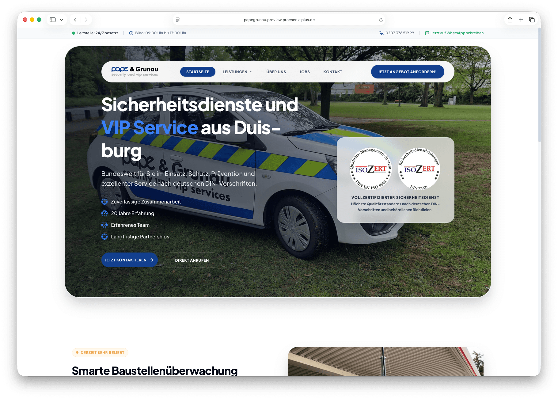 PAPE & Grunau – Hero Section: Sicherheitsdienste und VIP Service aus Duisburg mit ISO-Zertifizierungen