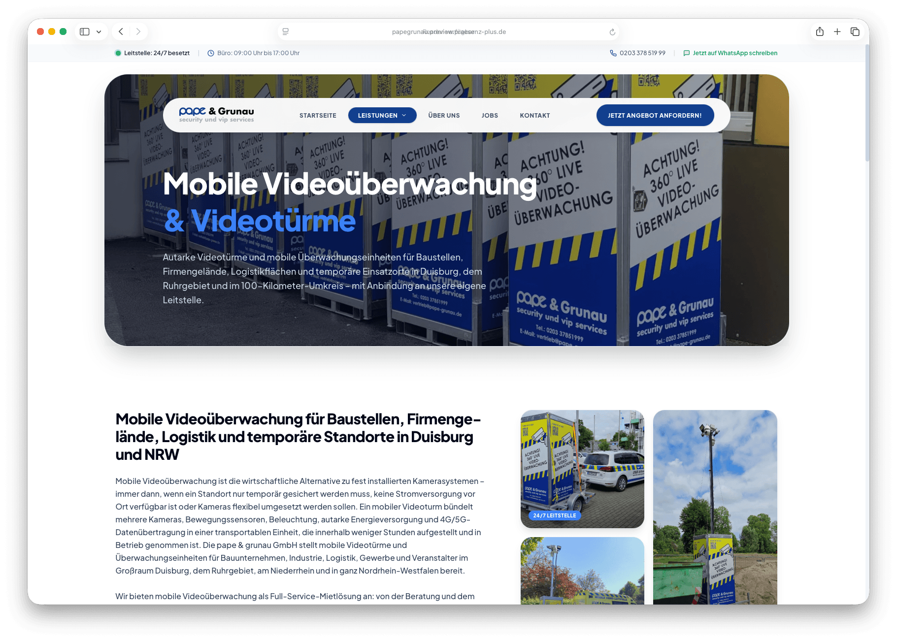 PAPE & Grunau – Mobile Videüberwachung & Videütürme: Leistungsseite mit Bildergalerie