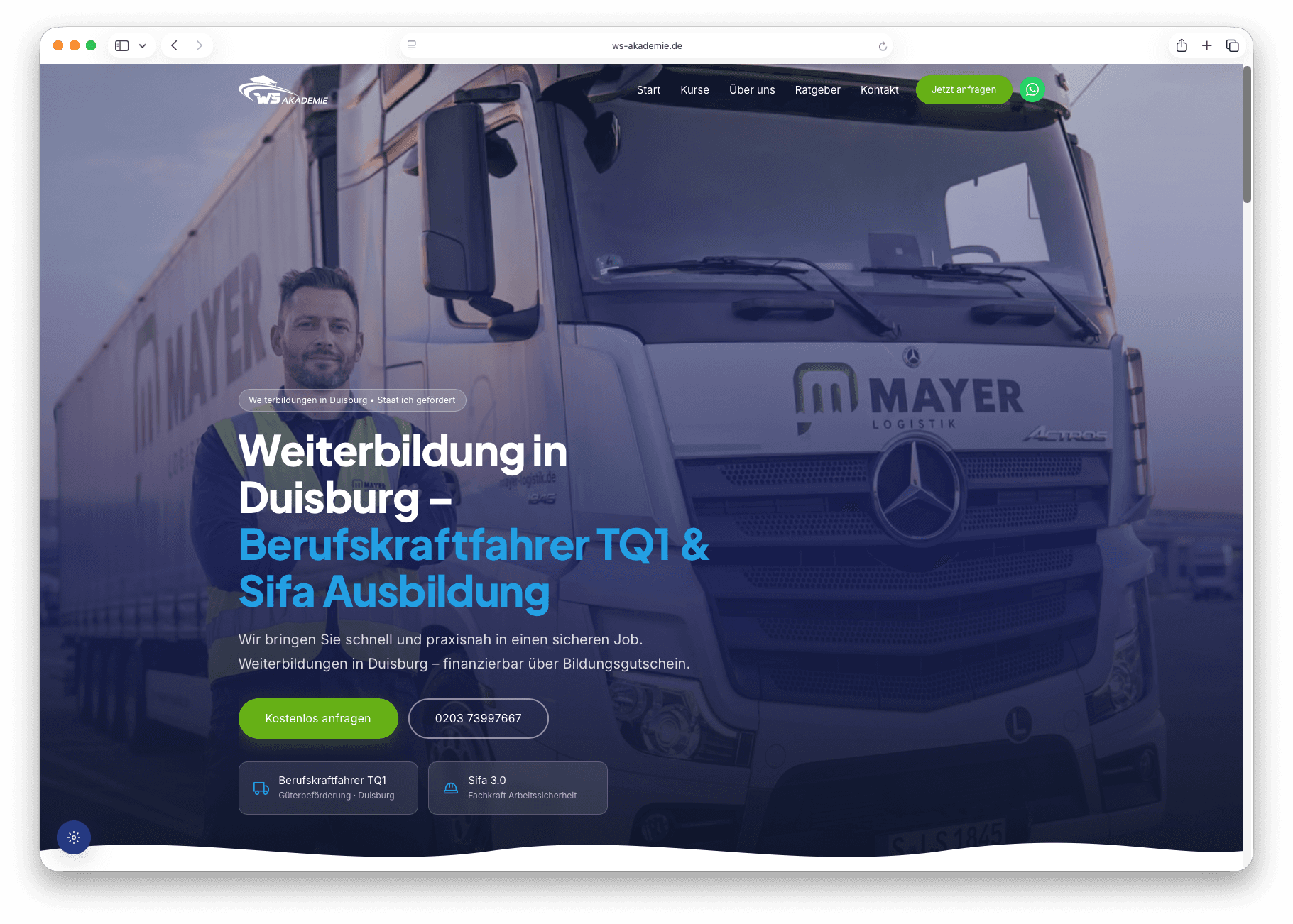 WS Akademie – Hero Section mit LKW-Hintergrundbild und Kursen