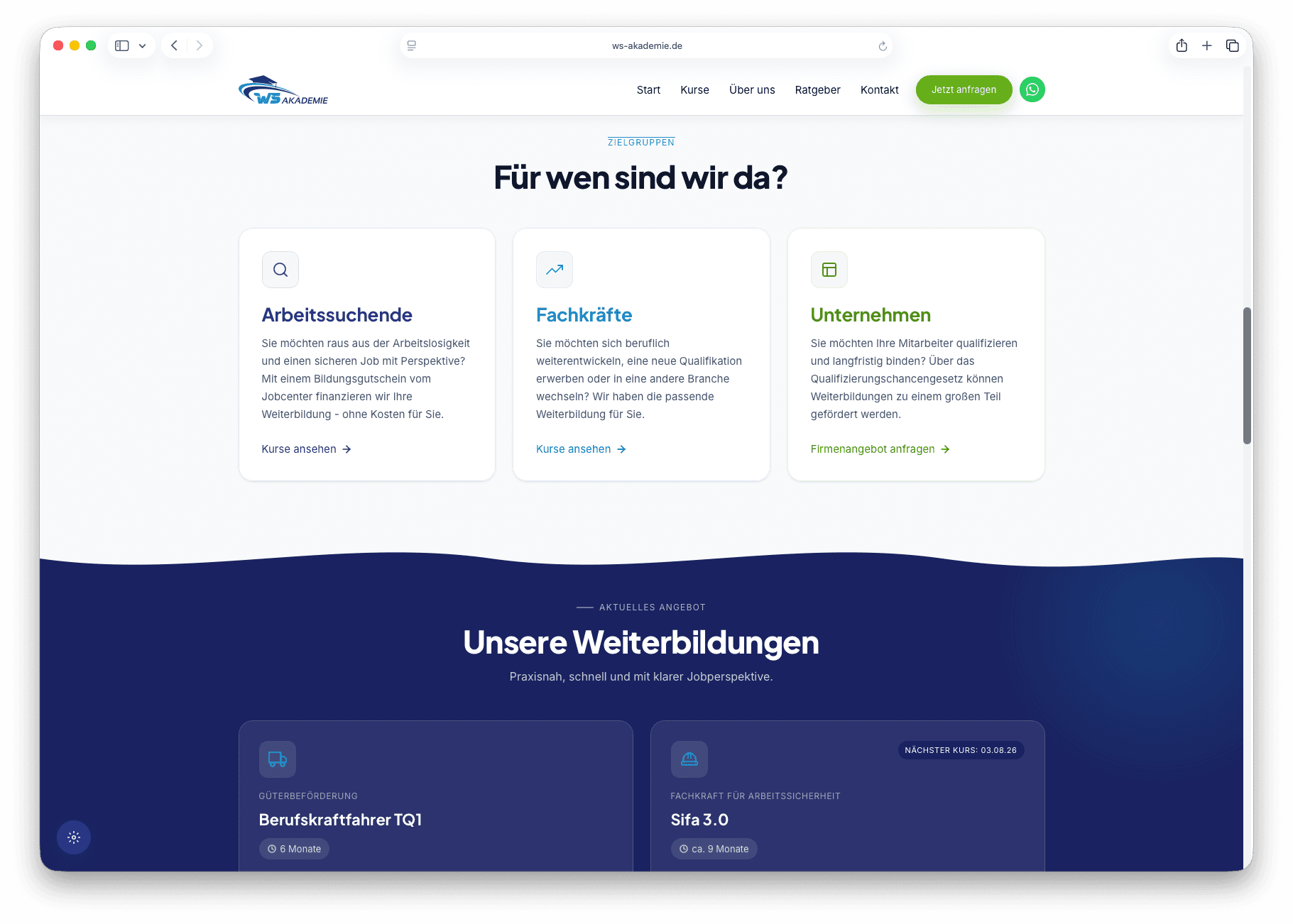 WS Akademie – Zielgruppen-Sektion: Arbeitssuchende, Fachkräfte, Unternehmen