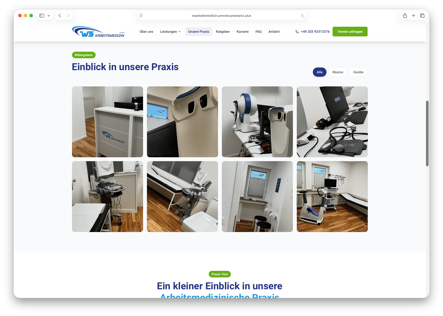 WS Arbeitsmedizin – Bildergalerie: Einblick in die Praxis mit Räumen und medizinischen Geräten